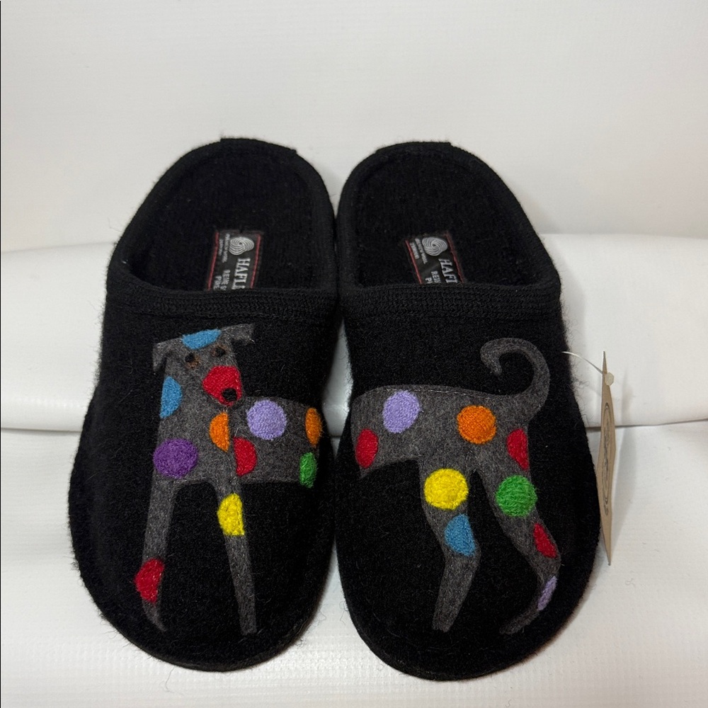 Haflinger JACK Black Slippers with Colorful Polka Dot DOG Design.